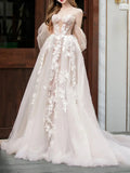 lace tulle long prom dress, Champagne wedding dress HZ1024