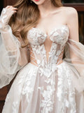 lace tulle long prom dress, Champagne wedding dress HZ1024