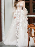 lace tulle long prom dress, Champagne wedding dress HZ1024