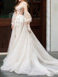 lace tulle long prom dress, Champagne wedding dress HZ1024