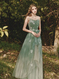 A-Line Spaghetti Strap Tulle Lace Long Prom Dress ,Formal Evening Dress HZ1024