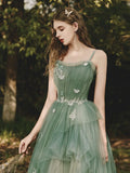 A-Line Spaghetti Strap Tulle Lace Long Prom Dress ,Formal Evening Dress HZ1024