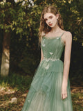 A-Line Spaghetti Strap Tulle Lace Long Prom Dress ,Formal Evening Dress HZ1024