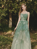 A-Line Spaghetti Strap Tulle Lace Long Prom Dress ,Formal Evening Dress HZ1024