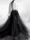 A-Line Tulle Lace Appliques Sleeveless,Backless Train Wedding Dresses HZ1024