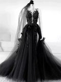 A-Line Tulle Lace Appliques Sleeveless,Backless Train Wedding Dresses HZ1024