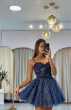Sweetheart Neck Tulle Lace Short Prom Dress, Dark Blue Homecoming Dress HZ1024