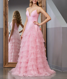 Pink A-Line Tiered Spaghetti Straps Tulle Prom Dress,Light Pink Sweet 16 Dress HZ1024