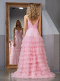 Pink A-Line Tiered Spaghetti Straps Tulle Prom Dress,Light Pink Sweet 16 Dress HZ1024