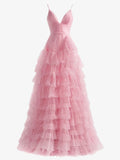 Pink A-Line Tiered Spaghetti Straps Tulle Prom Dress,Light Pink Sweet 16 Dress HZ1024