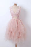 Dresses,pink V Neck Tulle Lace Short Prom Dress, Pink Homecoming Dress HZ1024