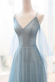 Blue Sparkly Tulle Long Prom Dress, A-Line Spaghetti Strap Evening Dress HZ1024