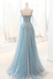 Blue Sparkly Tulle Long Prom Dress, A-Line Spaghetti Strap Evening Dress HZ1024