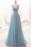Blue Sparkly Tulle Long Prom Dress, A-Line Spaghetti Strap Evening Dress HZ1024