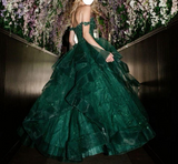 Green A Line V Neck Tulle Sequin Lace Long Prom Dress,Dark Green Formal Prom Dress HZ1024