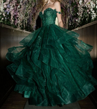 Green A Line V Neck Tulle Sequin Lace Long Prom Dress,Dark Green Formal Prom Dress HZ1024