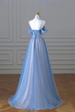 A-Line Tulle Sequins Pearls Spaghetti Straps Prom Dress,Blue Formal Prom Dress HZ1024