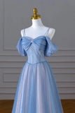 A-Line Tulle Sequins Pearls Spaghetti Straps Prom Dress,Blue Formal Prom Dress HZ1024