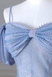 A-Line Tulle Sequins Pearls Spaghetti Straps Prom Dress,Blue Formal Prom Dress HZ1024