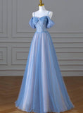 A-Line Tulle Sequins Pearls Spaghetti Straps Prom Dress,Blue Formal Prom Dress HZ1024