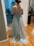 Blue Beaded Tulle Spaghetti Straps Prom Dress HZ1024