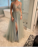 Blue Beaded Tulle Spaghetti Straps Prom Dress HZ1024