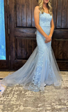 Straps Mermiad Blue Beaded Tulle Sequin Prom Dress with Appliques HZ1024