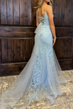 Straps Mermiad Blue Beaded Tulle Sequin Prom Dress with Appliques HZ1024