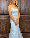 Straps Mermiad Blue Beaded Tulle Sequin Prom Dress with Appliques HZ1024