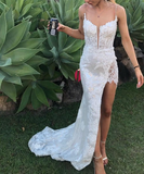 Spaghetti Straps Appliques Prom Dress with Slit HZ1024