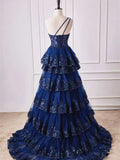Shoulder Dark Navy Blue Long Lace Prom Dresses, One Shoulder Dark Navy Blue Lace Formal Dresses HZ1024