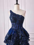 Shoulder Dark Navy Blue Long Lace Prom Dresses, One Shoulder Dark Navy Blue Lace Formal Dresses HZ1024