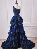 Shoulder Dark Navy Blue Long Lace Prom Dresses, One Shoulder Dark Navy Blue Lace Formal Dresses HZ1024