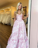 A-Line Sweetheart Floral Printed Long Prom Dresses HZ1024