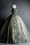 Green Sweetheart Ball Gown Beaded Tulle Formal Dress, Ball Gown Sweet 16 Dresses HZ1024