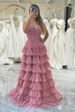A Line Spaghetti Straps Printed Tulle Prom Dress with Ruffles HZ1024
