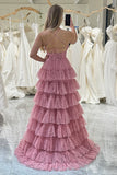 A Line Spaghetti Straps Printed Tulle Prom Dress with Ruffles HZ1024
