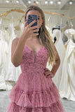 A Line Spaghetti Straps Printed Tulle Prom Dress with Ruffles HZ1024