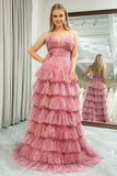 A Line Spaghetti Straps Printed Tulle Prom Dress with Ruffles HZ1024