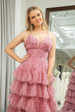 A Line Spaghetti Straps Printed Tulle Prom Dress with Ruffles HZ1024