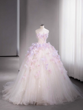 Tulle Sequin Long Prom Dress, Strapless Pink And Purple Three-Dimensional Flower Wedding Dress HZ1024