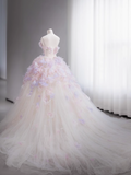Tulle Sequin Long Prom Dress, Strapless Pink And Purple Three-Dimensional Flower Wedding Dress HZ1024