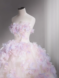 Tulle Sequin Long Prom Dress, Strapless Pink And Purple Three-Dimensional Flower Wedding Dress HZ1024