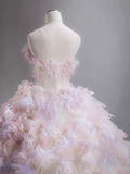 Tulle Sequin Long Prom Dress, Strapless Pink And Purple Three-Dimensional Flower Wedding Dress HZ1024