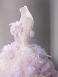 Tulle Sequin Long Prom Dress, Strapless Pink And Purple Three-Dimensional Flower Wedding Dress HZ1024