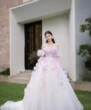 Tulle Sequin Long Prom Dress, Strapless Pink And Purple Three-Dimensional Flower Wedding Dress HZ1024