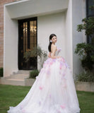 Tulle Sequin Long Prom Dress, Strapless Pink And Purple Three-Dimensional Flower Wedding Dress HZ1024