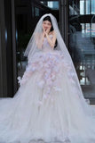 Tulle Sequin Long Prom Dress, Strapless Pink And Purple Three-Dimensional Flower Wedding Dress HZ1024