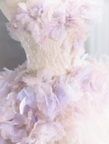 Tulle Sequin Long Prom Dress, Strapless Pink And Purple Three-Dimensional Flower Wedding Dress HZ1024