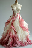 A-line V-neck Tulle Beaded Long Prom Dress, Gradient Pink Elegant Formal Evening Dress HZ1024